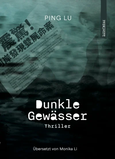 Dunkler wässiger Hintergrund, in weisser Schrift der Titel des Buches "Dunkle Gewässer"